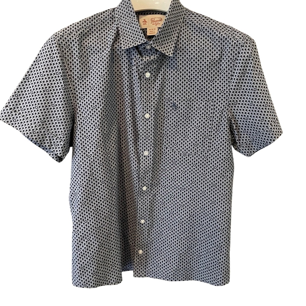 Original Penguin Mens Heritage Slim Fit Palm Tree Short Sleeve Shirt Blue M